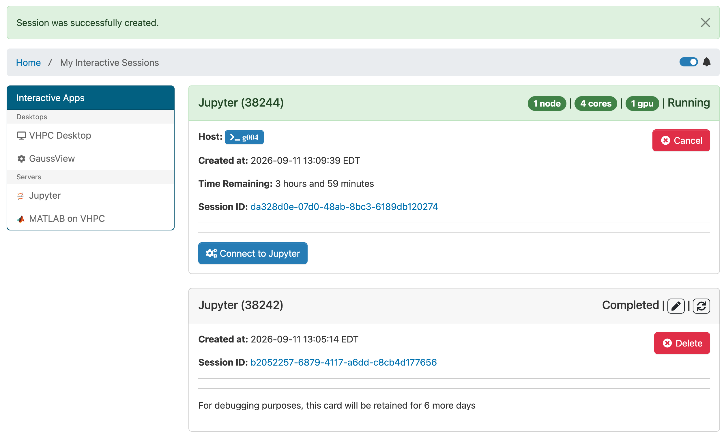 Running and completed Jupyter sessions in My Interactive Sessions